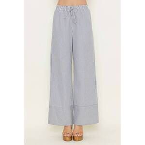 NEW FORE COLLECTION striped high waisted drawstring tie wide leg pants in ivory/